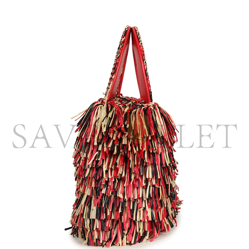 Ch**el MASTER SMALL FRINGE KELLY RED BEIGE BLACK RAFFIA WOOD AND LIGHT GOLD HARDWARE (19*13*7cm)